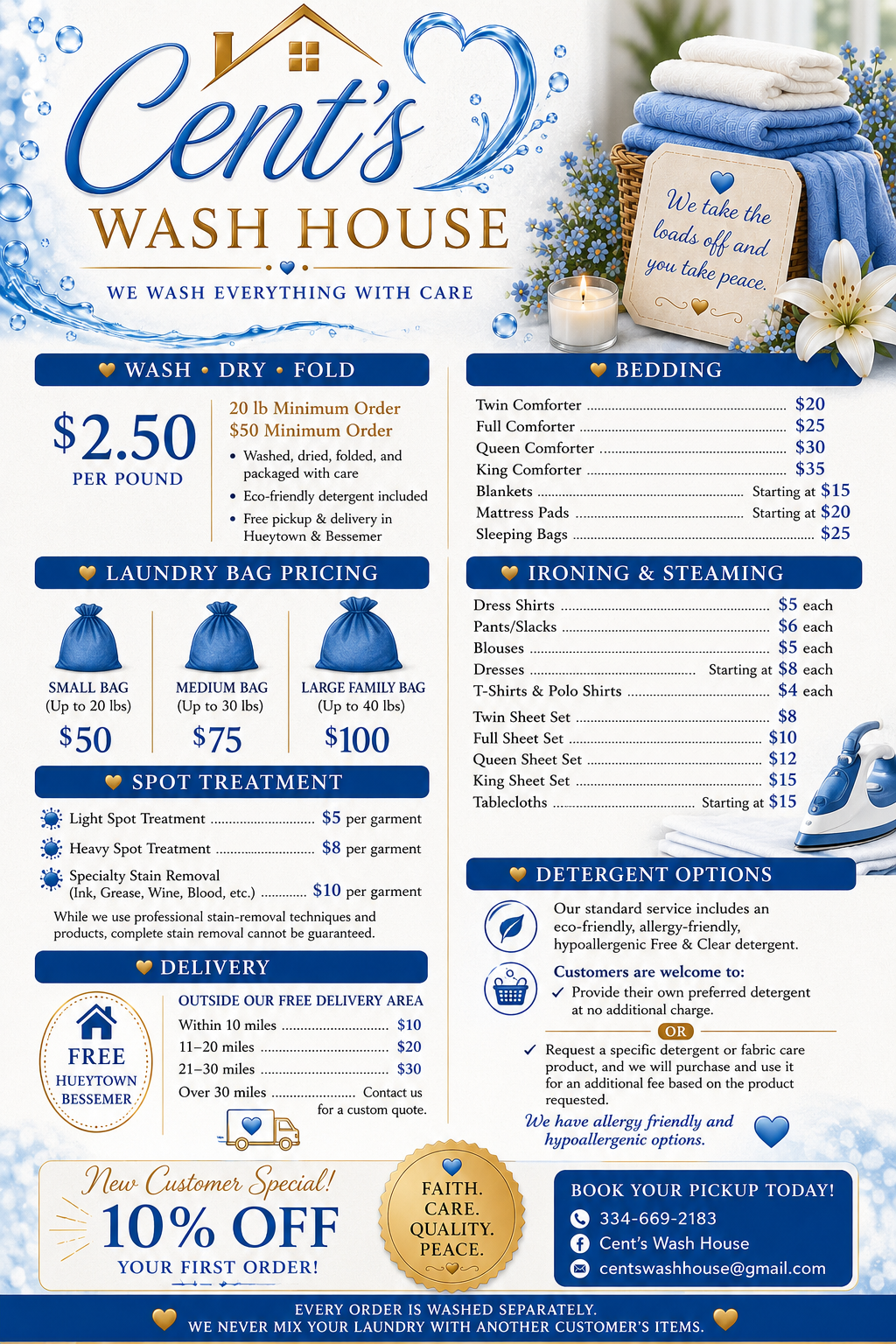 Cent's Wash House full price list — wash, dry, fold, bedding, ironing, steaming, spot treatment, and delivery pricing